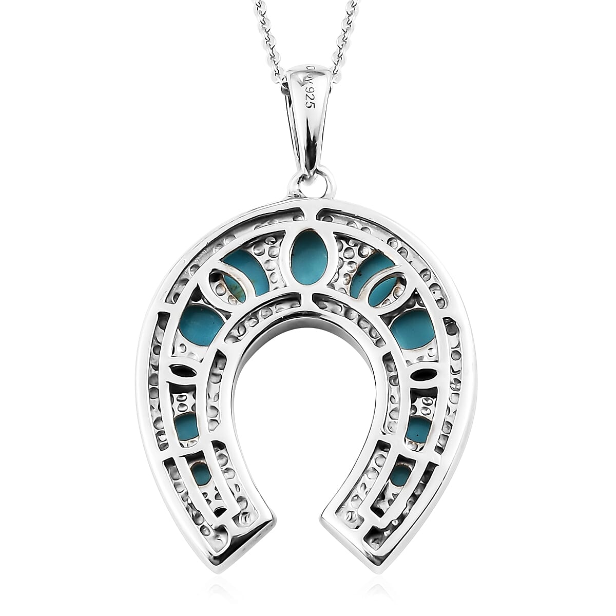 AMERICAN Natural Sleeping Beauty Turquoise and Natural White Zircon Horseshoe Pendant Necklace 20 Inches in Platinum Over Sterling Silver 8 Grams 3.00 ctw