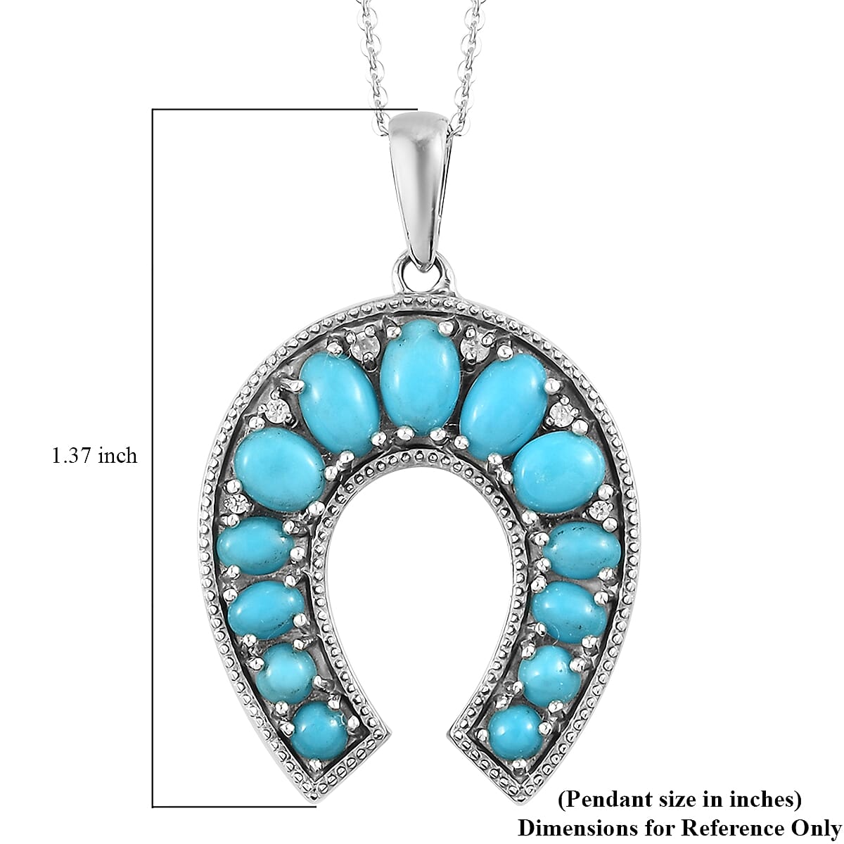 AMERICAN Natural Sleeping Beauty Turquoise and Natural White Zircon Horseshoe Pendant Necklace 20 Inches in Platinum Over Sterling Silver 8 Grams 3.00 ctw