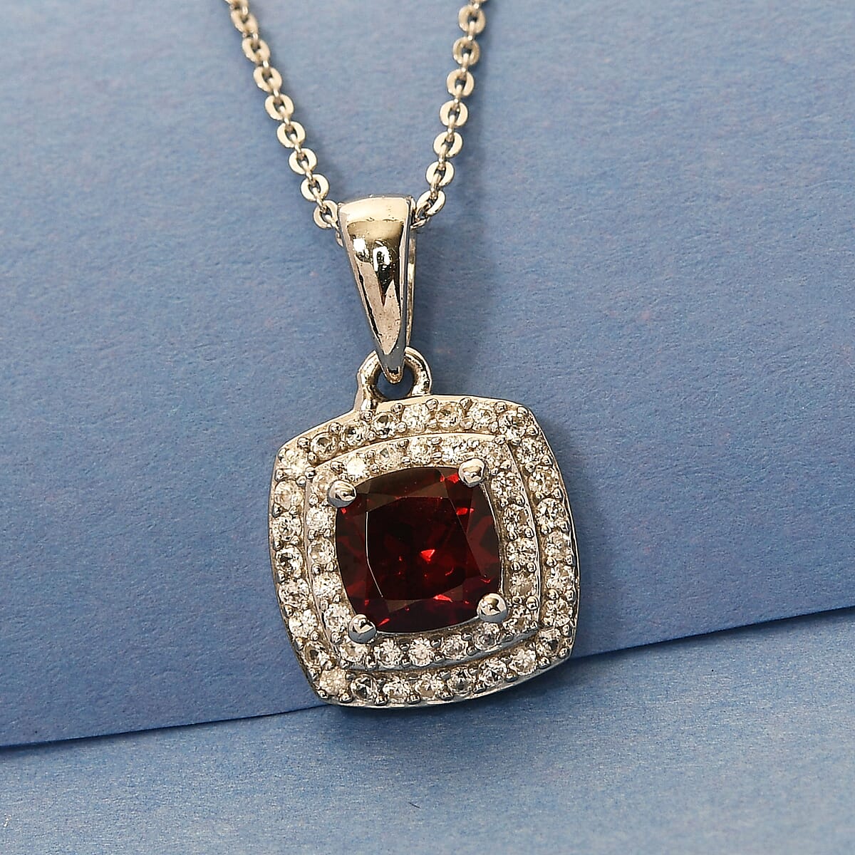 Mozambique Garnet and Natural White Zircon Pendant Necklace 20 Inches in Platinum Over Sterling Silver 1.70 ctw image number 1