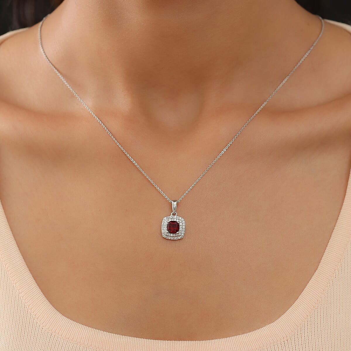 Mozambique Garnet and Natural White Zircon Pendant Necklace 20 Inches in Platinum Over Sterling Silver 1.70 ctw image number 2