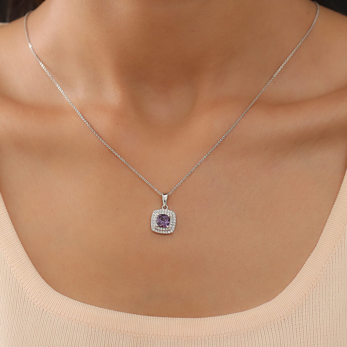Lab Created Alexandrite and Natural White Zircon Pendant Necklace 20 Inches in Platinum Over Sterling Silver 1.80 ctw image number 2