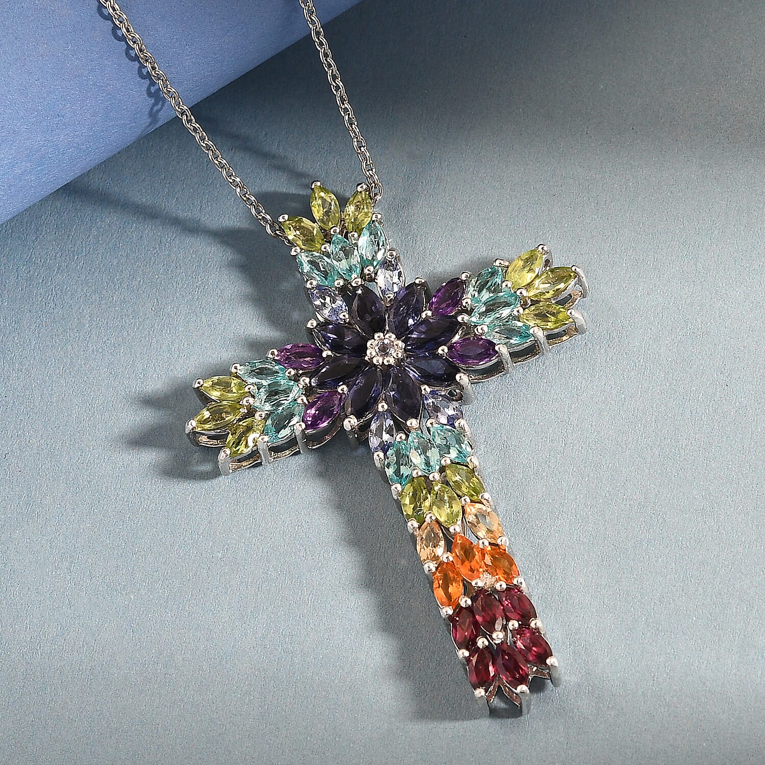 Catalina Iolite and Multi Gemstone Pendant Necklace 20 Inches in Platinum Over Sterling Silver 8.25 ctw