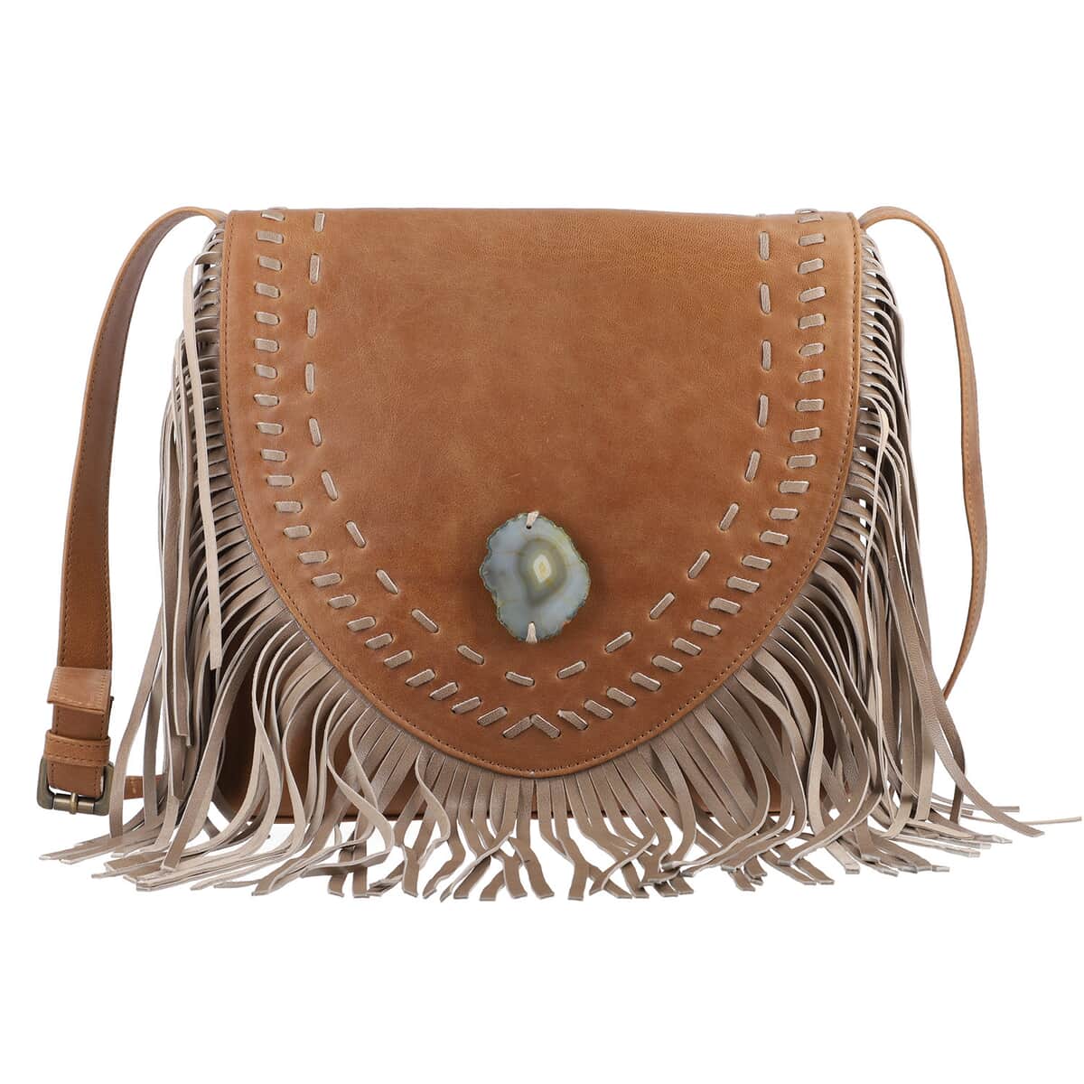 "100% Genuine Leather Crossbody Bag with Agate Stone and Matching Fringes SIZE: 14(L)x3(W)x10.5(H) Inches COLOR: Gray" image number 0