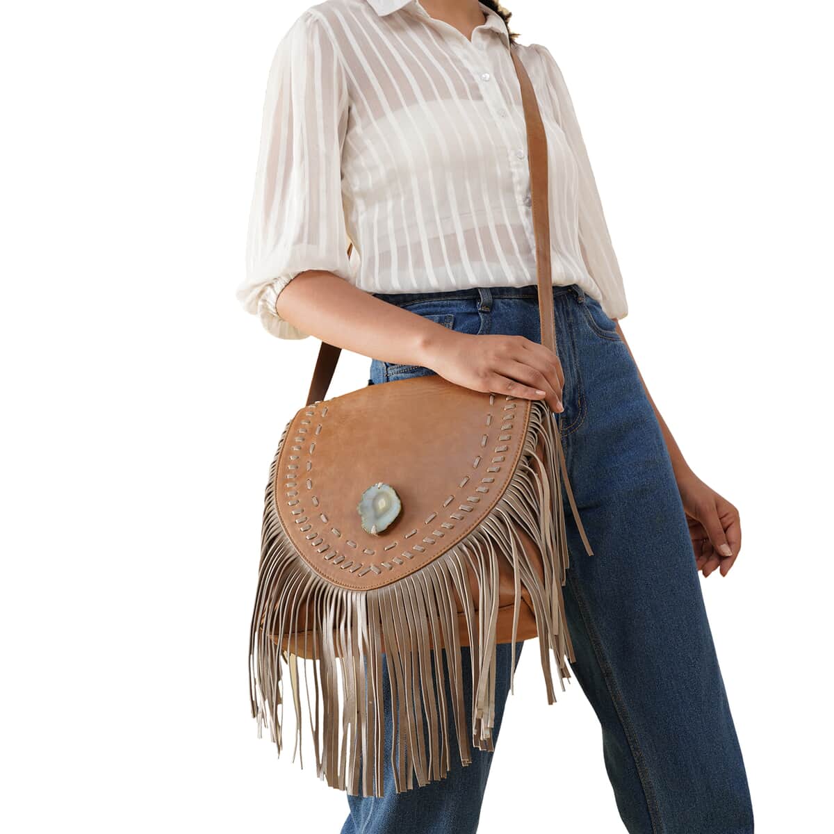 "100% Genuine Leather Crossbody Bag with Agate Stone and Matching Fringes SIZE: 14(L)x3(W)x10.5(H) Inches COLOR: Gray" image number 1