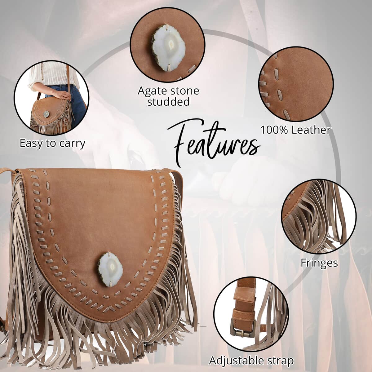 "100% Genuine Leather Crossbody Bag with Agate Stone and Matching Fringes SIZE: 14(L)x3(W)x10.5(H) Inches COLOR: Gray" image number 2