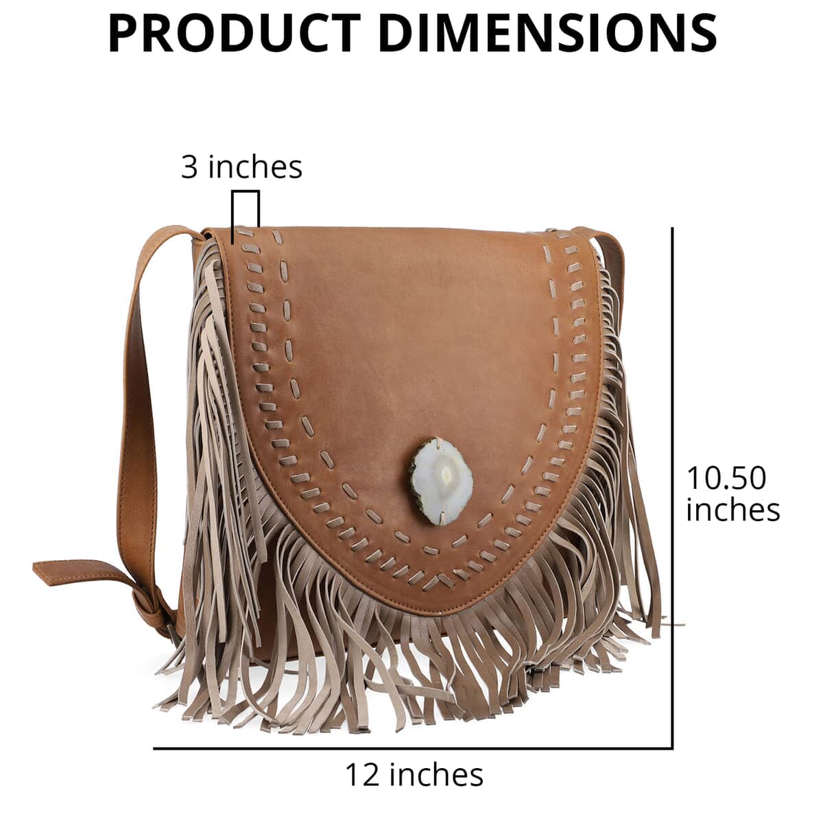 "100% Genuine Leather Crossbody Bag with Agate Stone and Matching Fringes SIZE: 14(L)x3(W)x10.5(H) Inches COLOR: Gray" image number 3