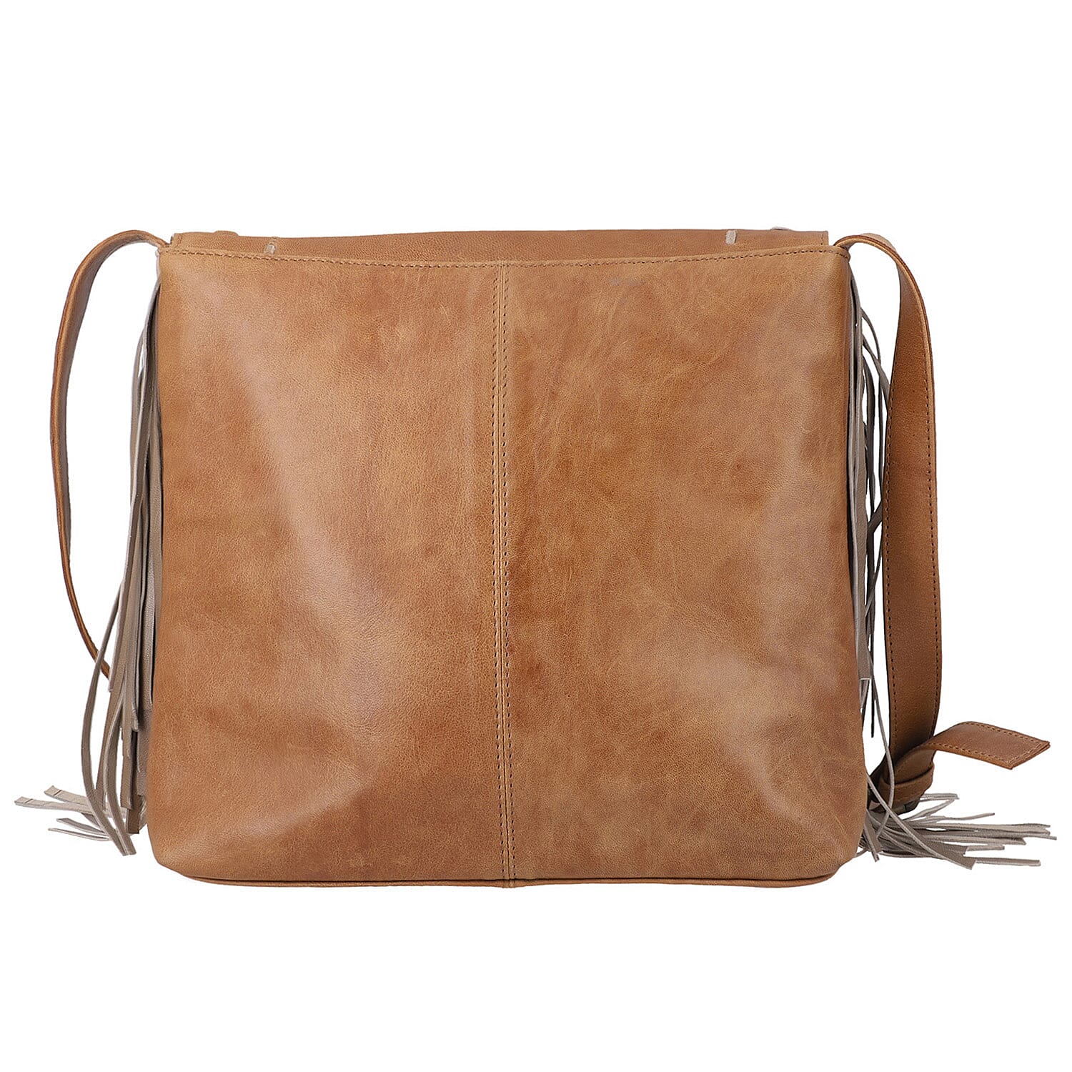 Tan Genuine Leather Fringes Crossbody Bag with Agate Stone