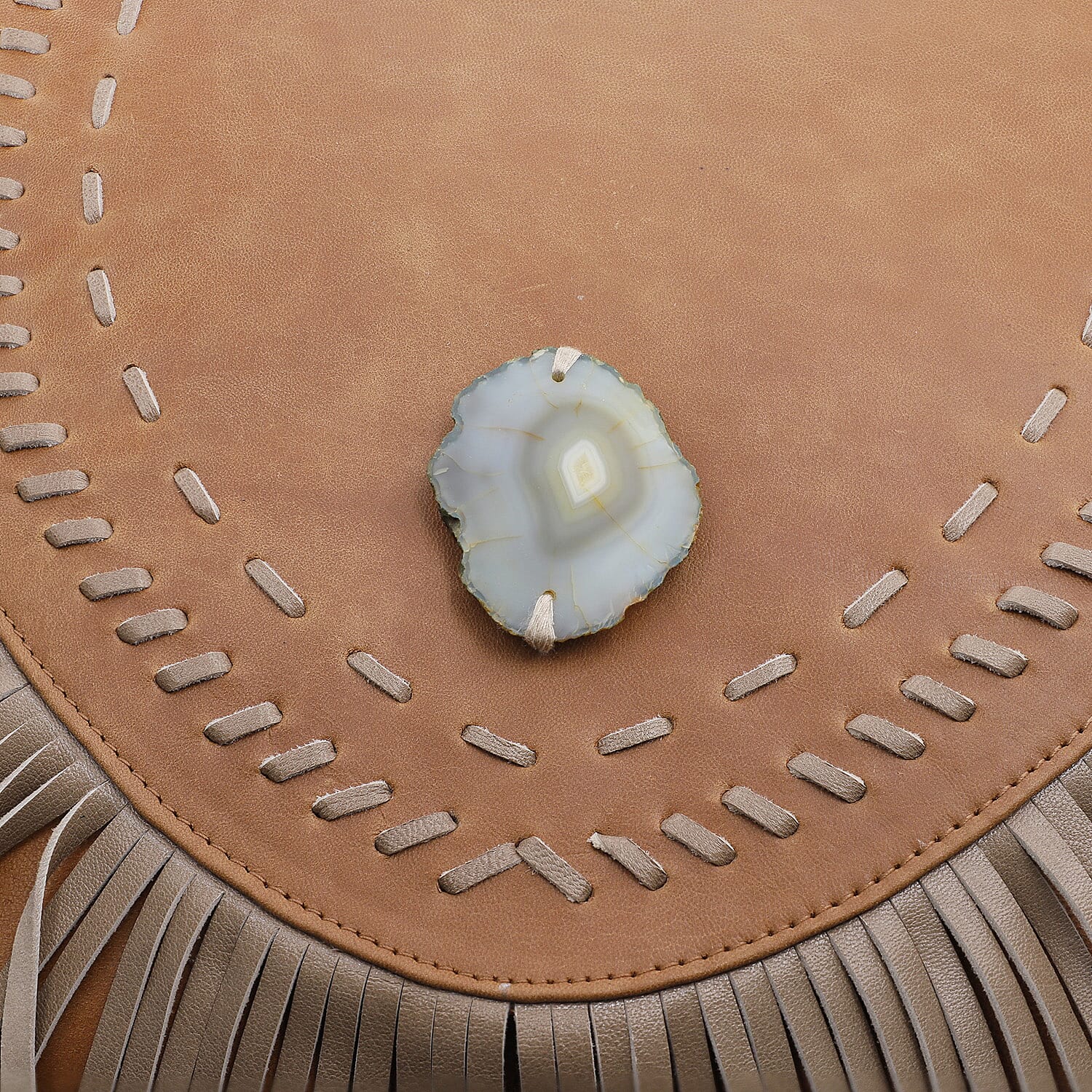 Tan Genuine Leather Fringes Crossbody Bag with Agate Stone