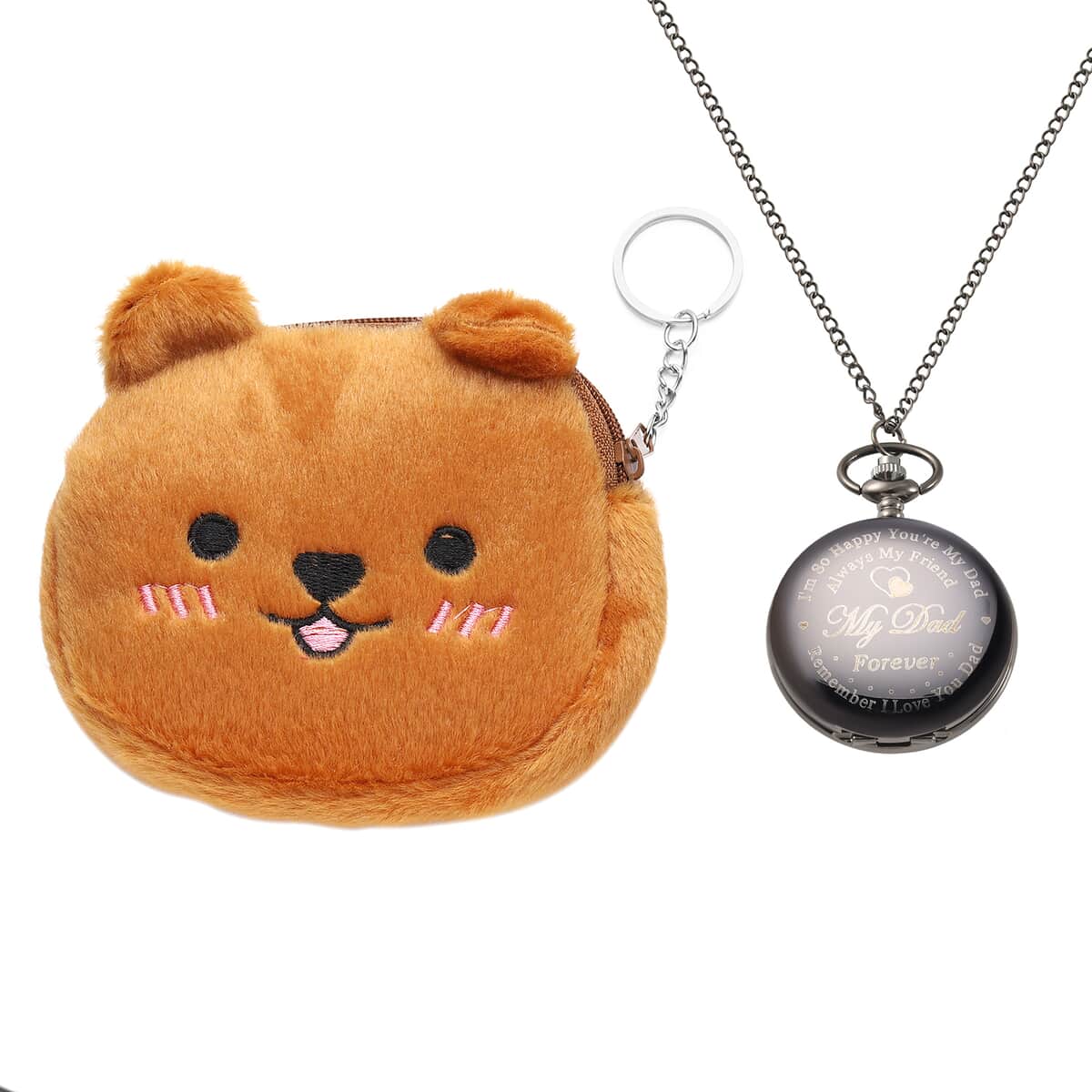 STRADA Japanese Movement Dad Laser Pattern Pocket Watch with Chain (31 Inches) in Brown Teddy Bear Wallet (Ships in 7-10 Business Days) image number 0