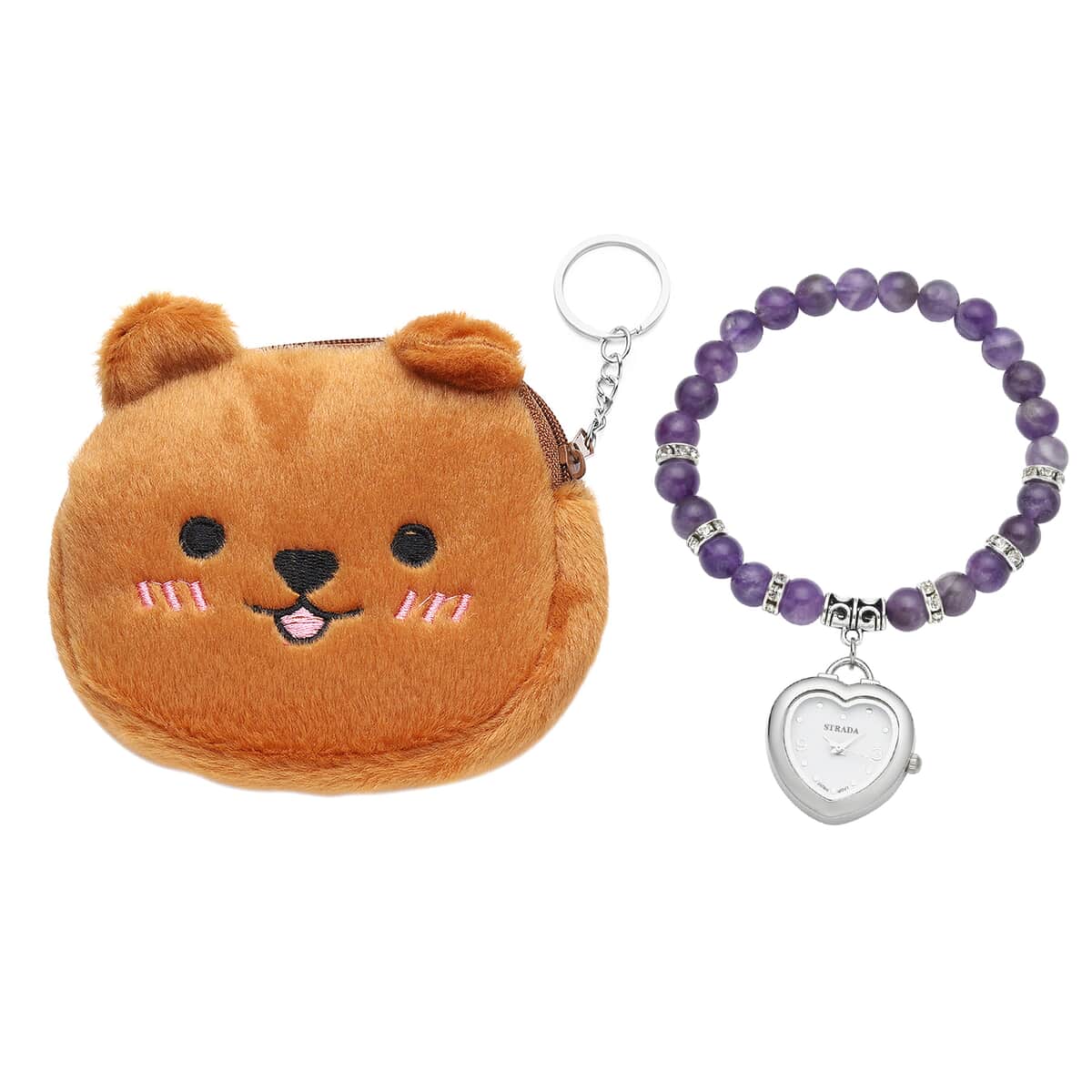 STRADA Amethyst Japanese Movement Beaded Stretch Bracelet Charm Watch and Brown Teddy Bear Wallet (Ships in 7-10 Business Days) 22.00 ctw image number 0