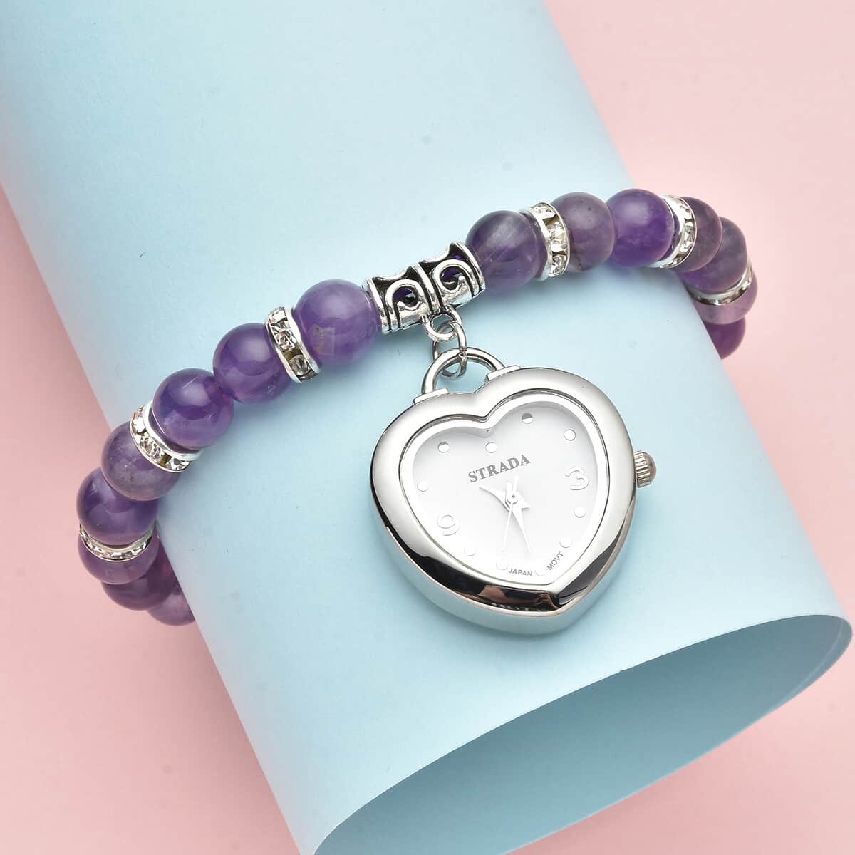 STRADA Amethyst Japanese Movement Beaded Stretch Bracelet Charm Watch and Brown Teddy Bear Wallet (Ships in 7-10 Business Days) 22.00 ctw image number 1