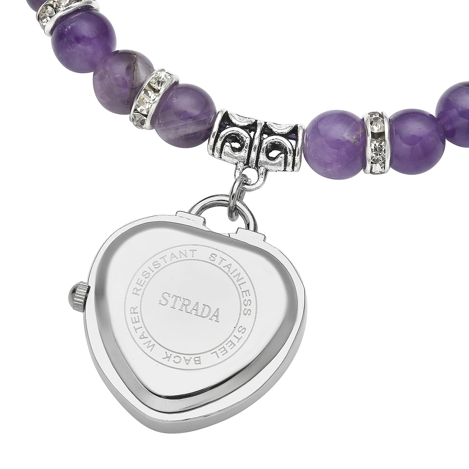 Strada Amethyst Japanese Movement Beaded Stretch Bracelet Charm Watch in Teddy Pouch 22.00 ctw
