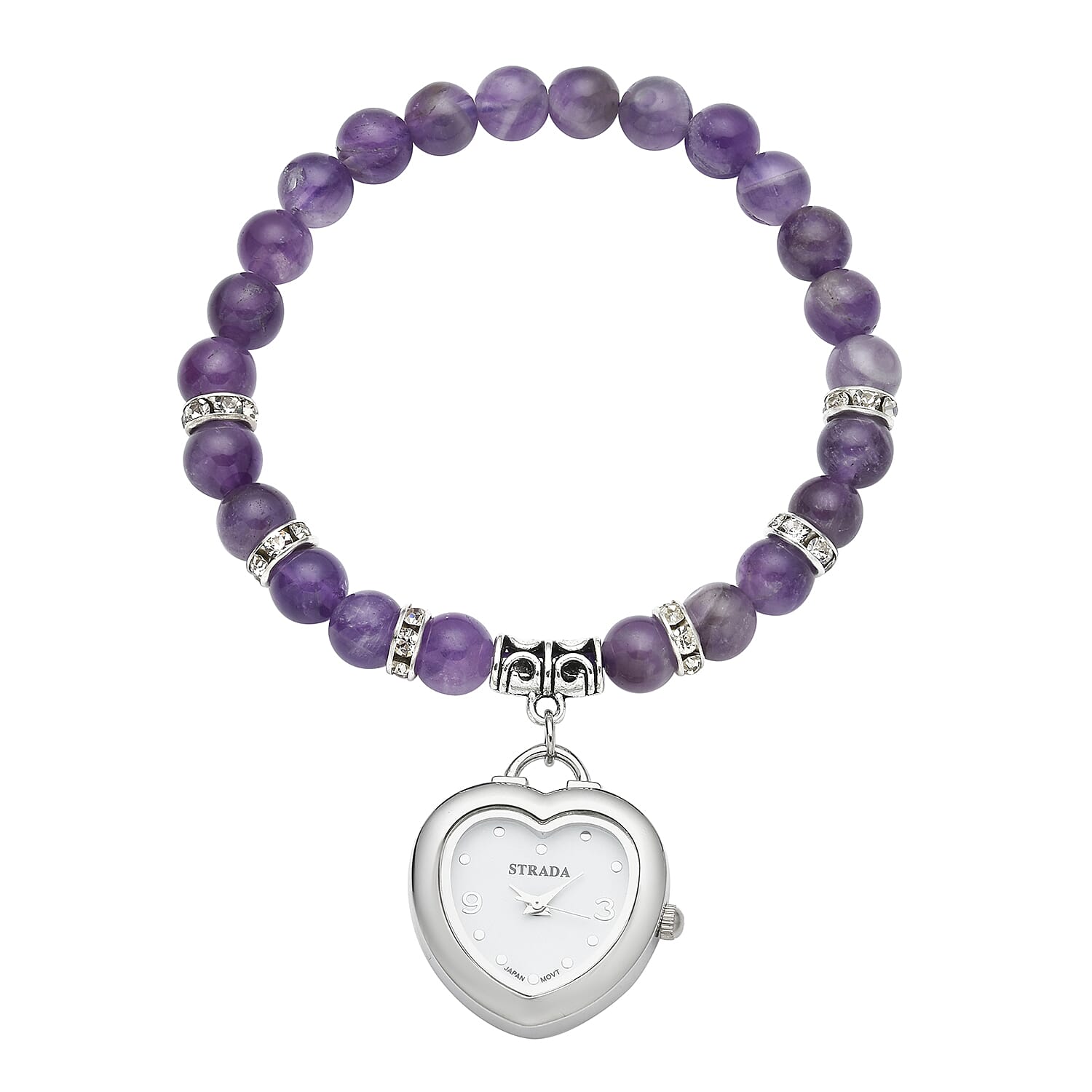Strada Amethyst Japanese Movement Beaded Stretch Bracelet Charm Watch in Teddy Pouch 22.00 ctw