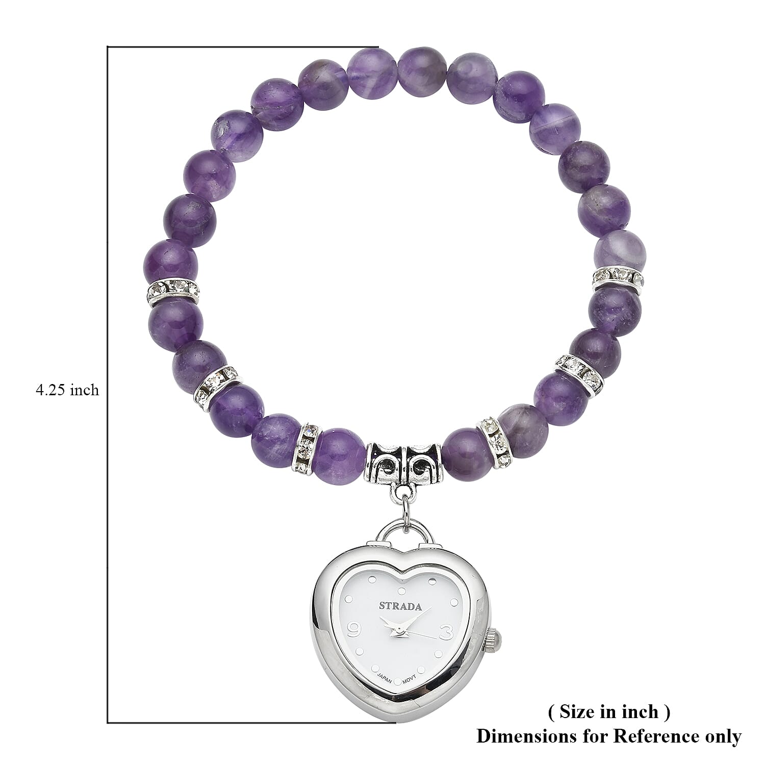 Strada Amethyst Japanese Movement Beaded Stretch Bracelet Charm Watch in Teddy Pouch 22.00 ctw