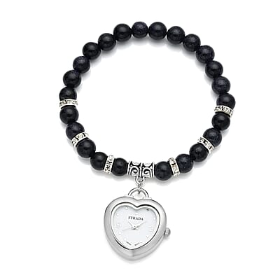Strada Blue Sandstone Japanese Movement Beaded Stretch Bracelet Charm Watch in Teddy Pouch 17.00 ctw