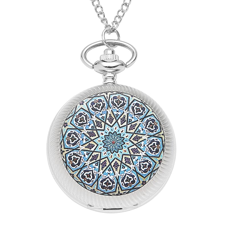Strada Japanese Movement Blue & Black Flower Pattern Rotating Pocket Watch with Silvertone Chain (31 Inches)