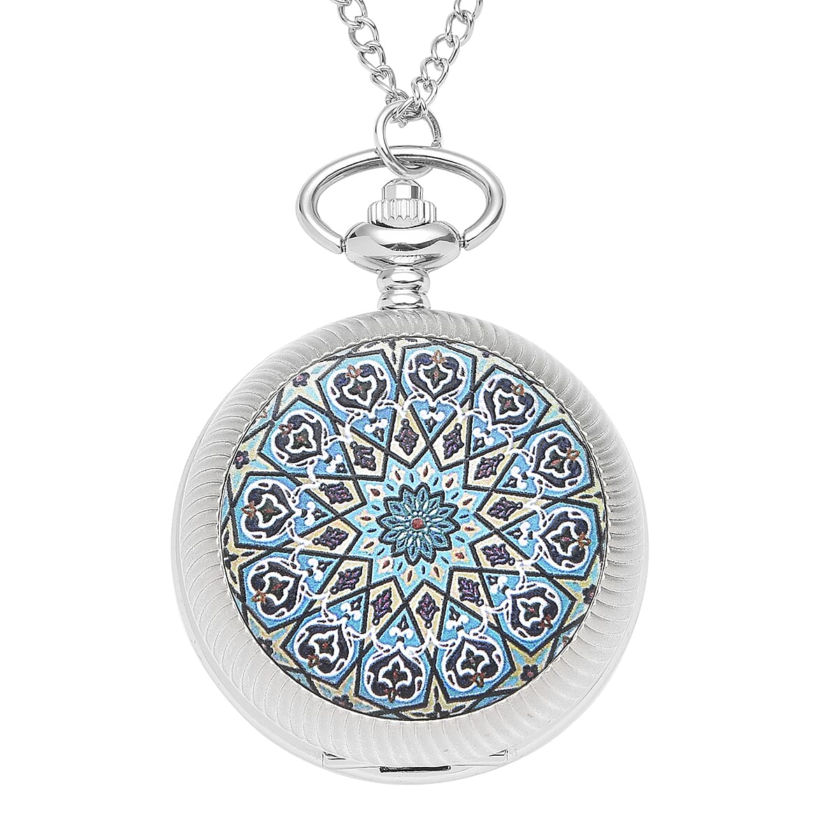 STRADA Japanese Movement Blue & Black Flower Pattern Rotating Pocket Watch with Rosetone Chain (31 Inches) image number 0