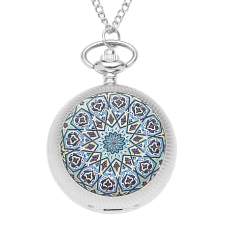 Strada Japanese Movement Blue & Black Flower Pattern Rotating Pocket Watch with Silvertone Chain (31 Inches) image number 0