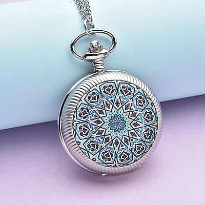 Strada Japanese Movement Blue & Black Flower Pattern Rotating Pocket Watch with Silvertone Chain (31 Inches)