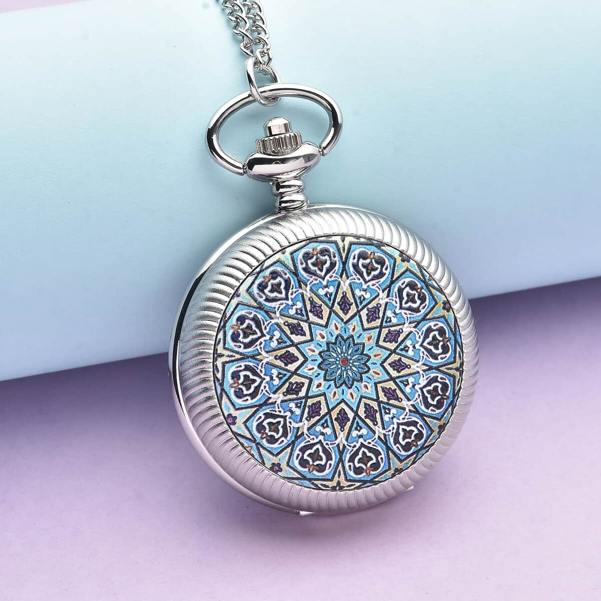 Strada Japanese Movement Blue & Black Flower Pattern Rotating Pocket Watch with Silvertone Chain (31 Inches) image number 1