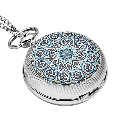 Strada Japanese Movement Blue & Black Flower Pattern Rotating Pocket Watch with Silvertone Chain (31 Inches)