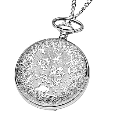 Strada Japanese Movement Blue & Black Flower Pattern Rotating Pocket Watch with Silvertone Chain (31 Inches)