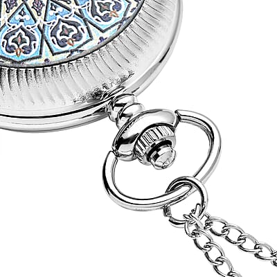 Strada Japanese Movement Blue & Black Flower Pattern Rotating Pocket Watch with Silvertone Chain (31 Inches)