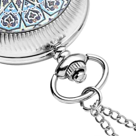 Strada Japanese Movement Blue & Black Flower Pattern Rotating Pocket Watch with Silvertone Chain (31 Inches) image number 4