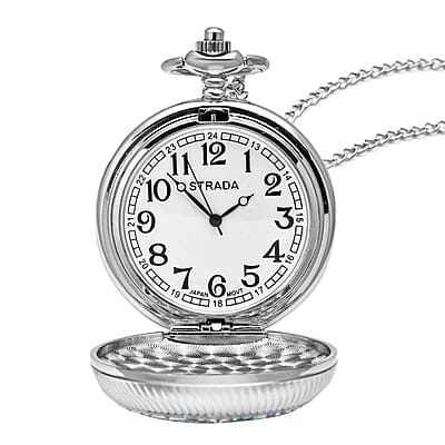 Strada Japanese Movement Blue & Black Flower Pattern Rotating Pocket Watch with Silvertone Chain (31 Inches)