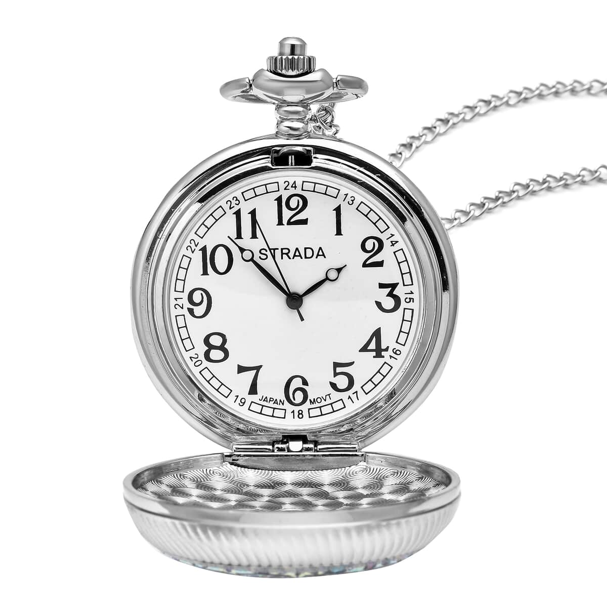 Strada Japanese Movement Blue & Black Flower Pattern Rotating Pocket Watch with Silvertone Chain (31 Inches) image number 5
