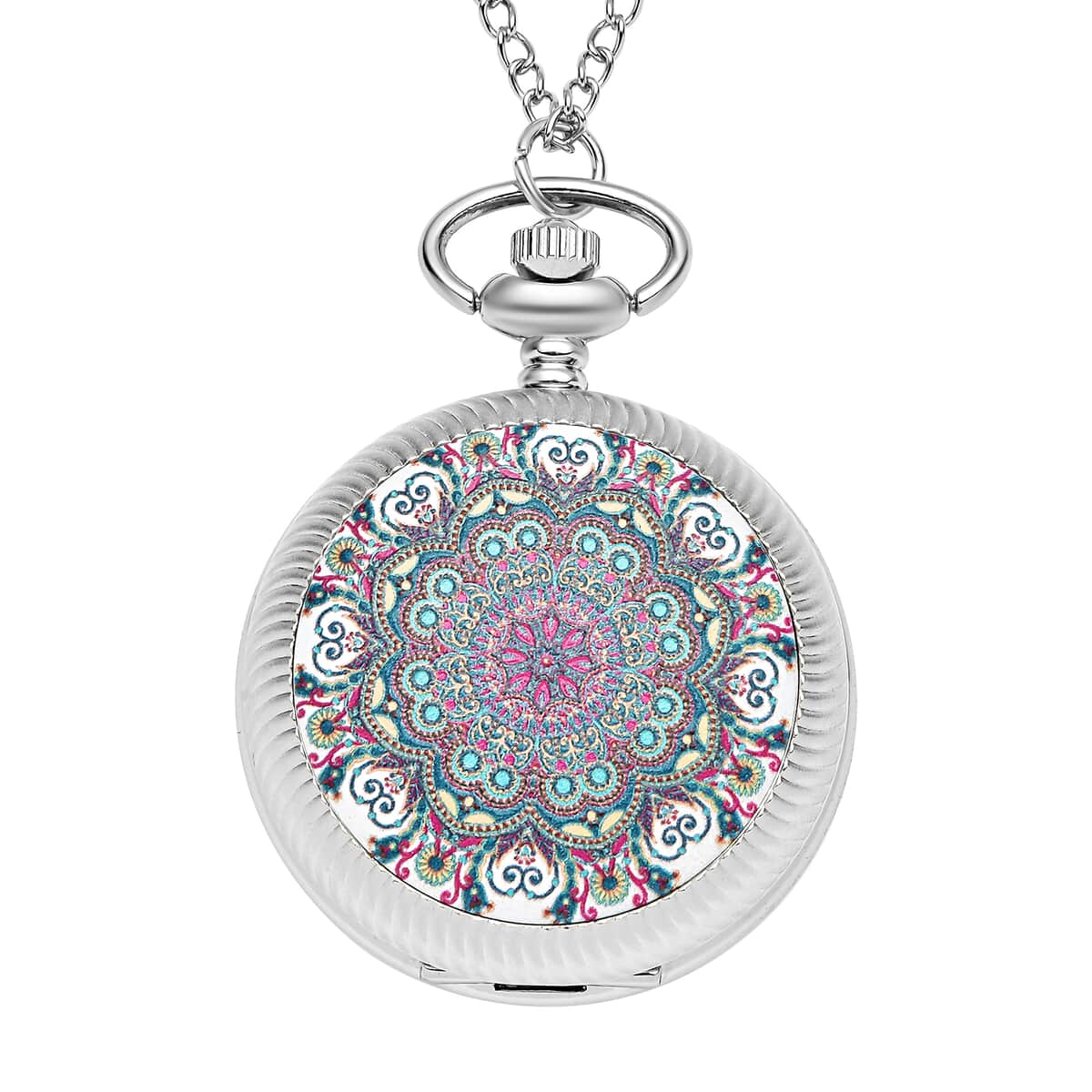 Strada Japanese Movement Multi Color Flower Pattern Rotating Pocket Watch with Silvertone Chain (up to 31 Inches) image number 0