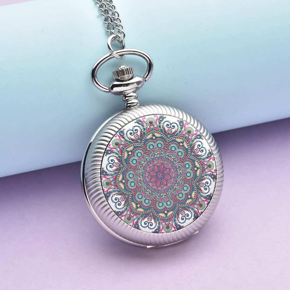Strada Japanese Movement Multi Color Flower Pattern Rotating Pocket Watch with Silvertone Chain (up to 31 Inches) image number 1