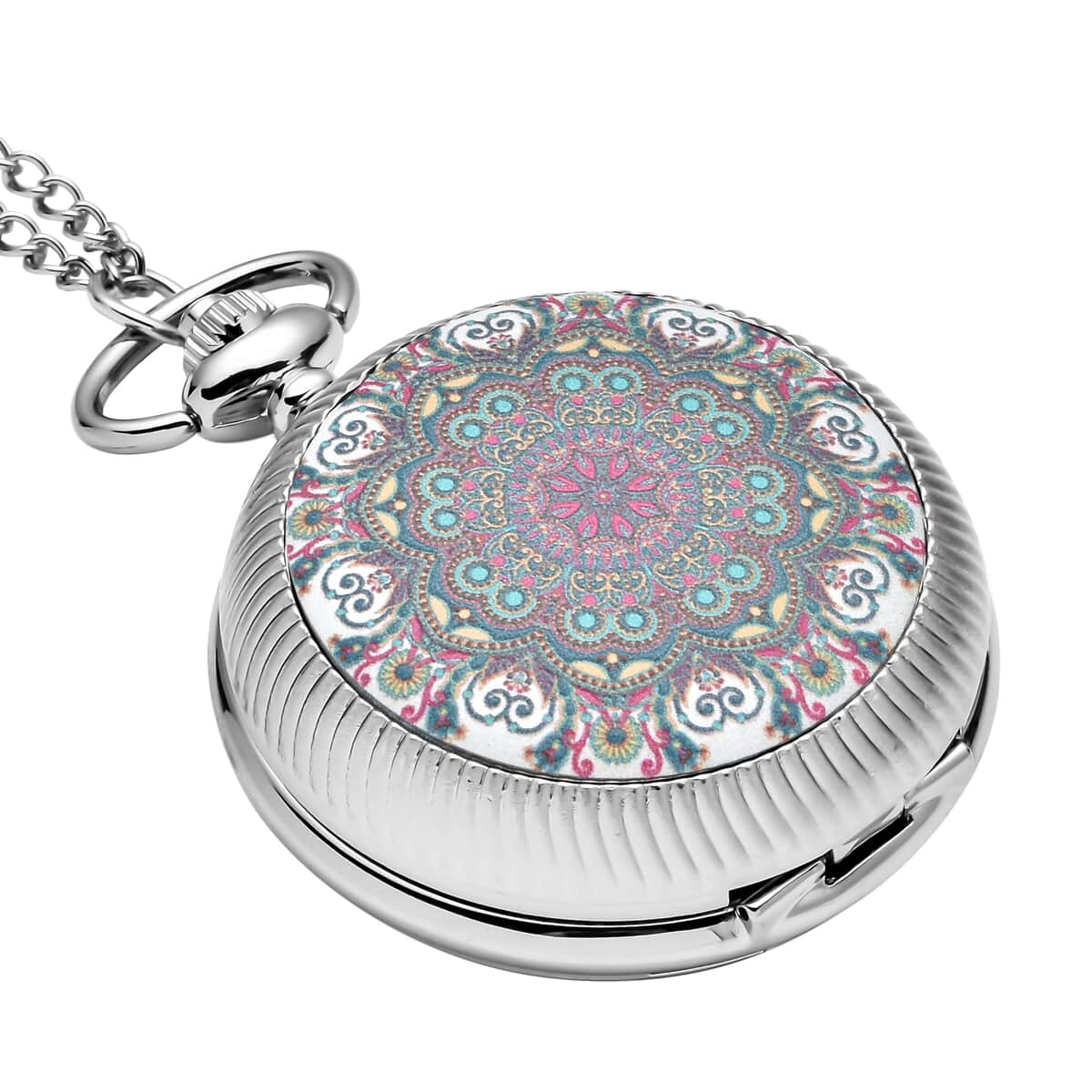 Strada Japanese Movement Multi Color Flower Pattern Rotating Pocket Watch with Silvertone Chain (up to 31 Inches) image number 2