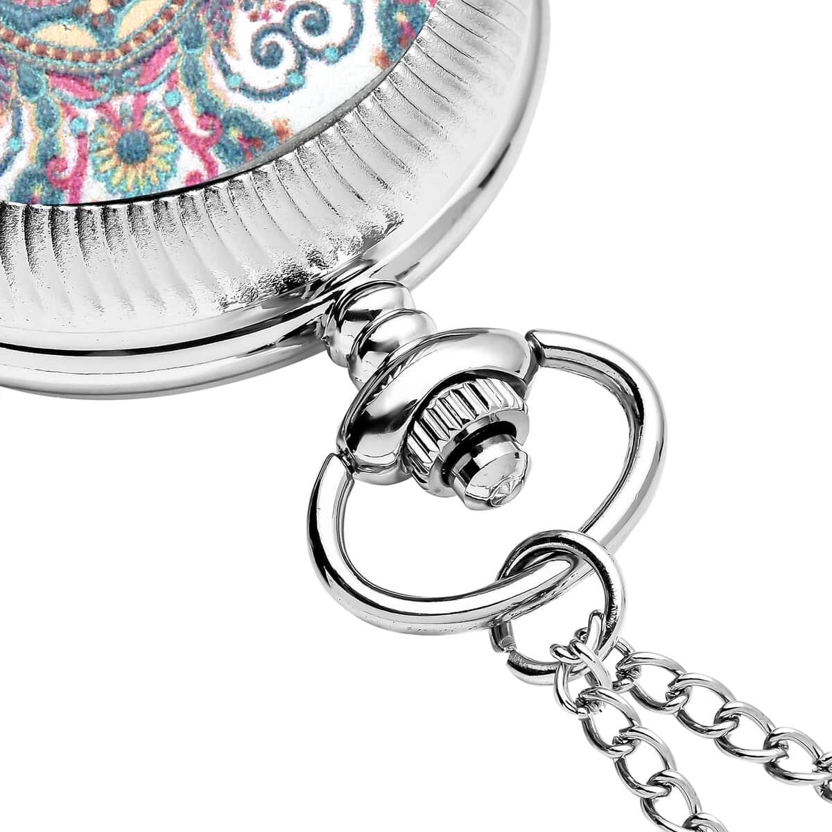 Strada Japanese Movement Multi Color Flower Pattern Rotating Pocket Watch with Silvertone Chain (up to 31 Inches) image number 4