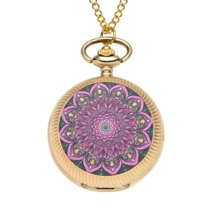 Strada Japanese Movement Pink & Purple Flower Pattern Rotating Pocket Watch with Goldtone Chain (31 Inches)