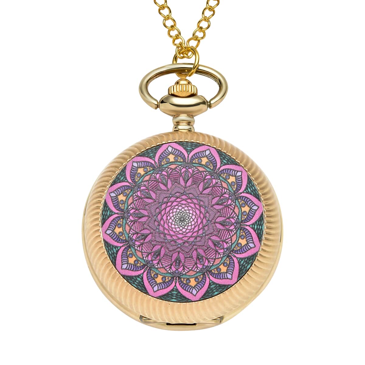 Strada Japanese Movement Pink & Purple Flower Pattern Rotating Pocket Watch with Goldtone Chain (31 Inches) image number 0