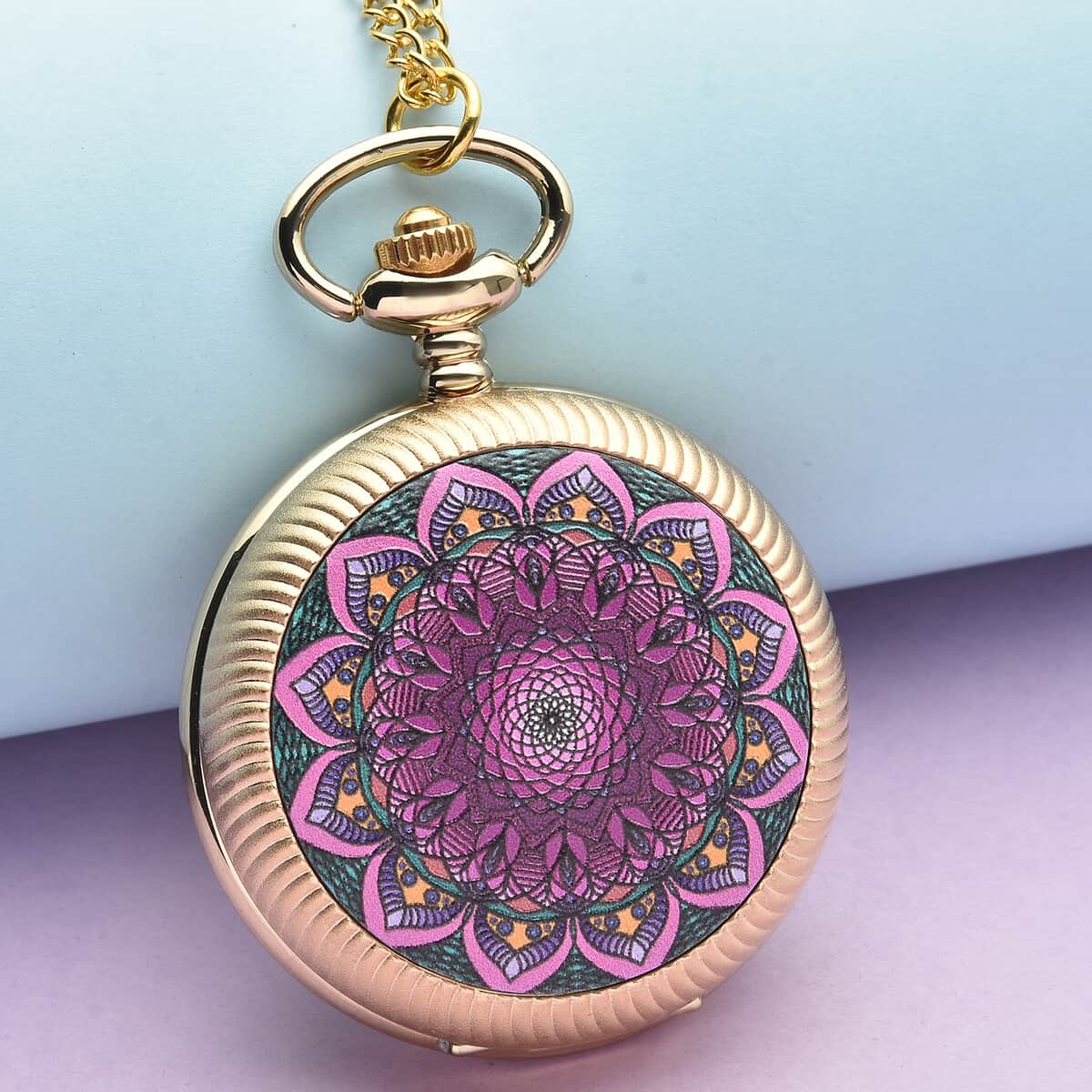 Strada Japanese Movement Pink & Purple Flower Pattern Rotating Pocket Watch with Goldtone Chain (31 Inches) image number 1