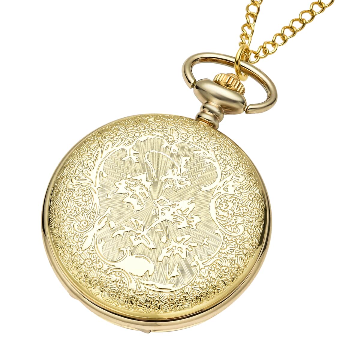 Strada Japanese Movement Pink & Purple Flower Pattern Rotating Pocket Watch with Goldtone Chain (31 Inches) image number 3