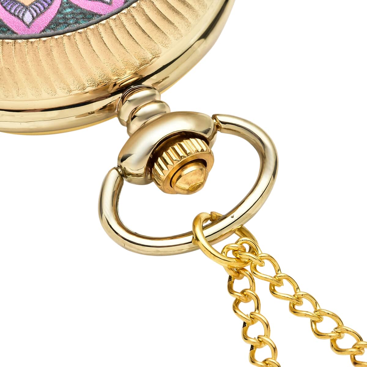 Strada Japanese Movement Pink & Purple Flower Pattern Rotating Pocket Watch with Goldtone Chain (31 Inches) image number 4