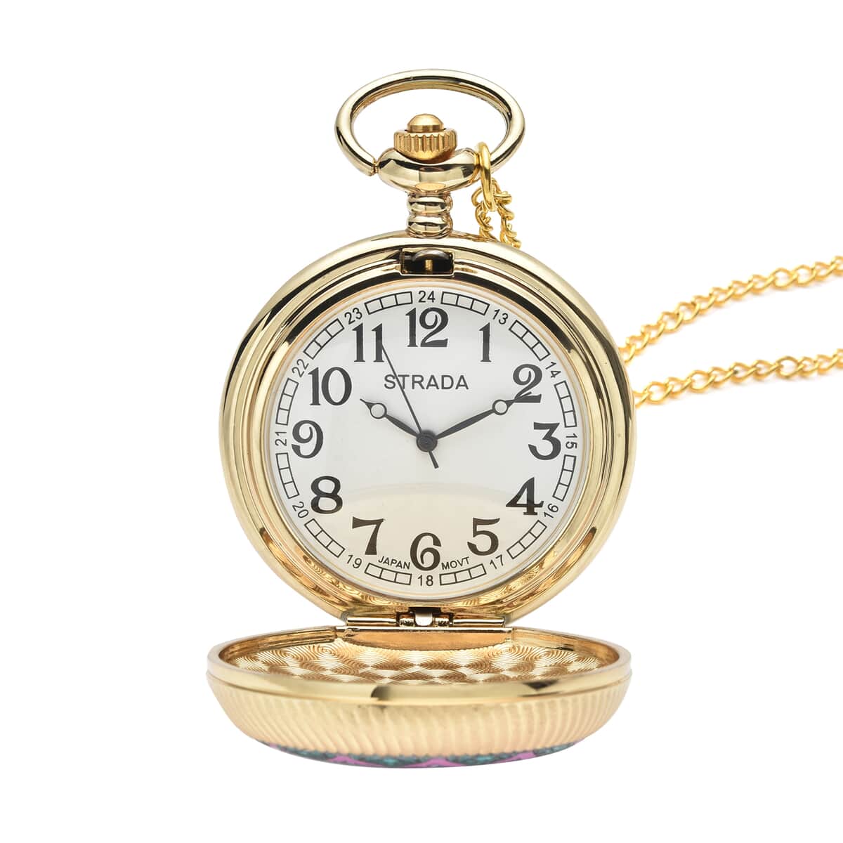 Strada Japanese Movement Pink & Purple Flower Pattern Rotating Pocket Watch with Goldtone Chain (31 Inches) image number 5