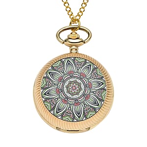 Strada Japanese Movement Green Flower Pattern Rotating Pocket Watch with Gold tone Chain (31 Inches)