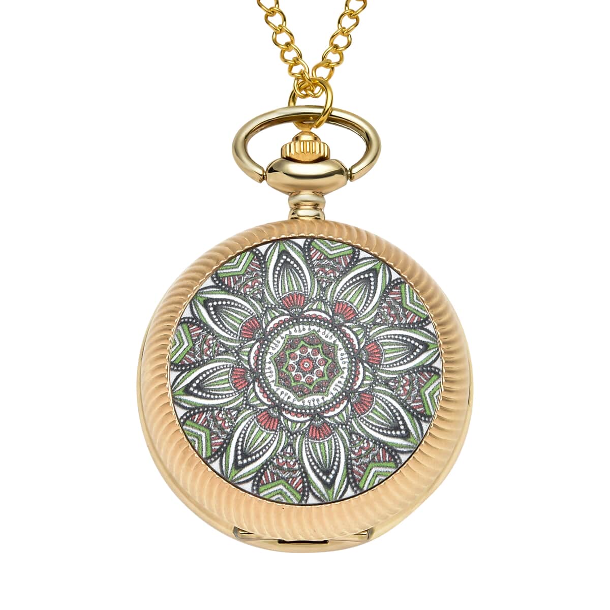 Strada Japanese Movement Green Flower Pattern Rotating Pocket Watch with Gold tone Chain (31 Inches) image number 0