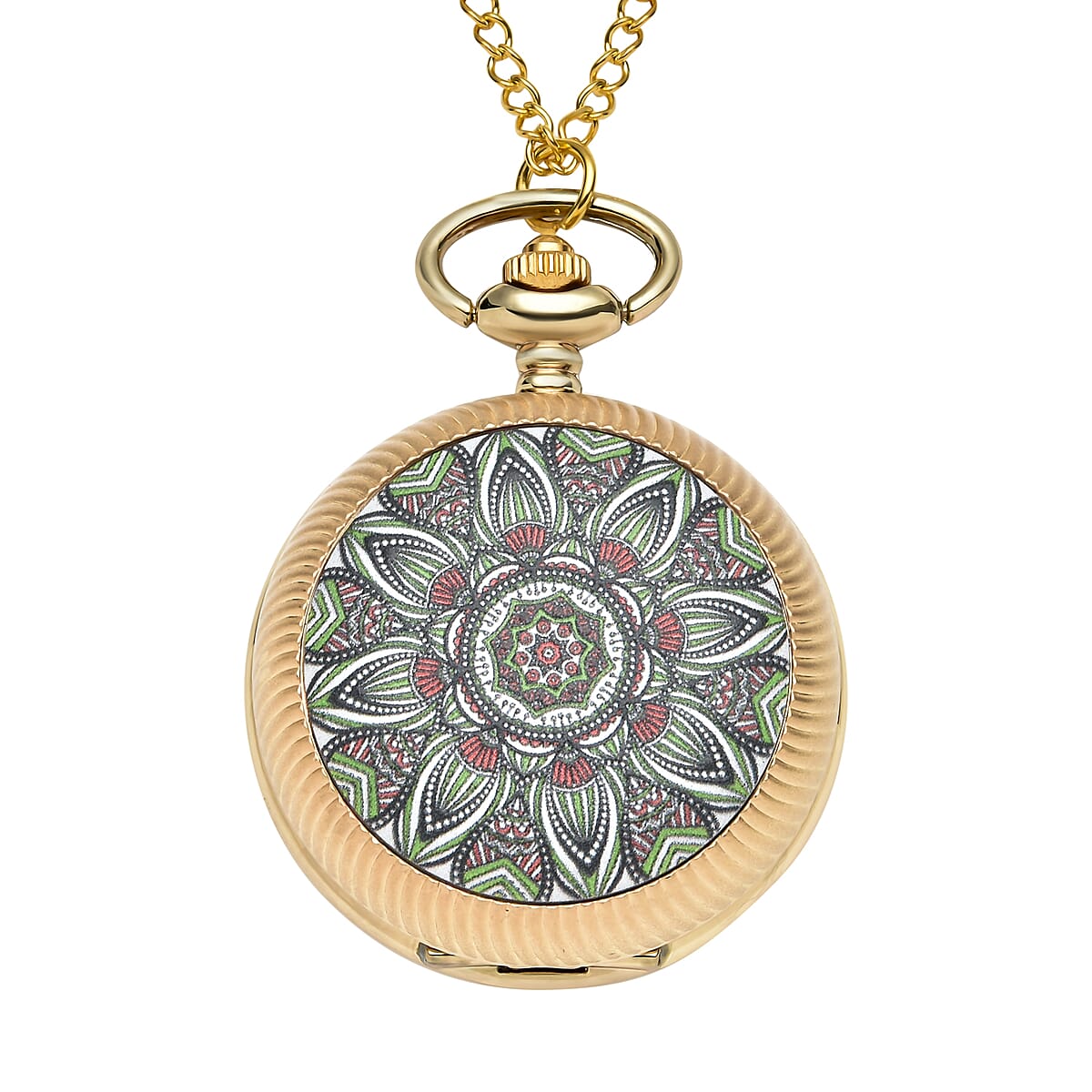 Strada Japanese Movement Green Flower Pattern Rotating Pocket Watch with Gold tone Chain (31 Inches) image number 0