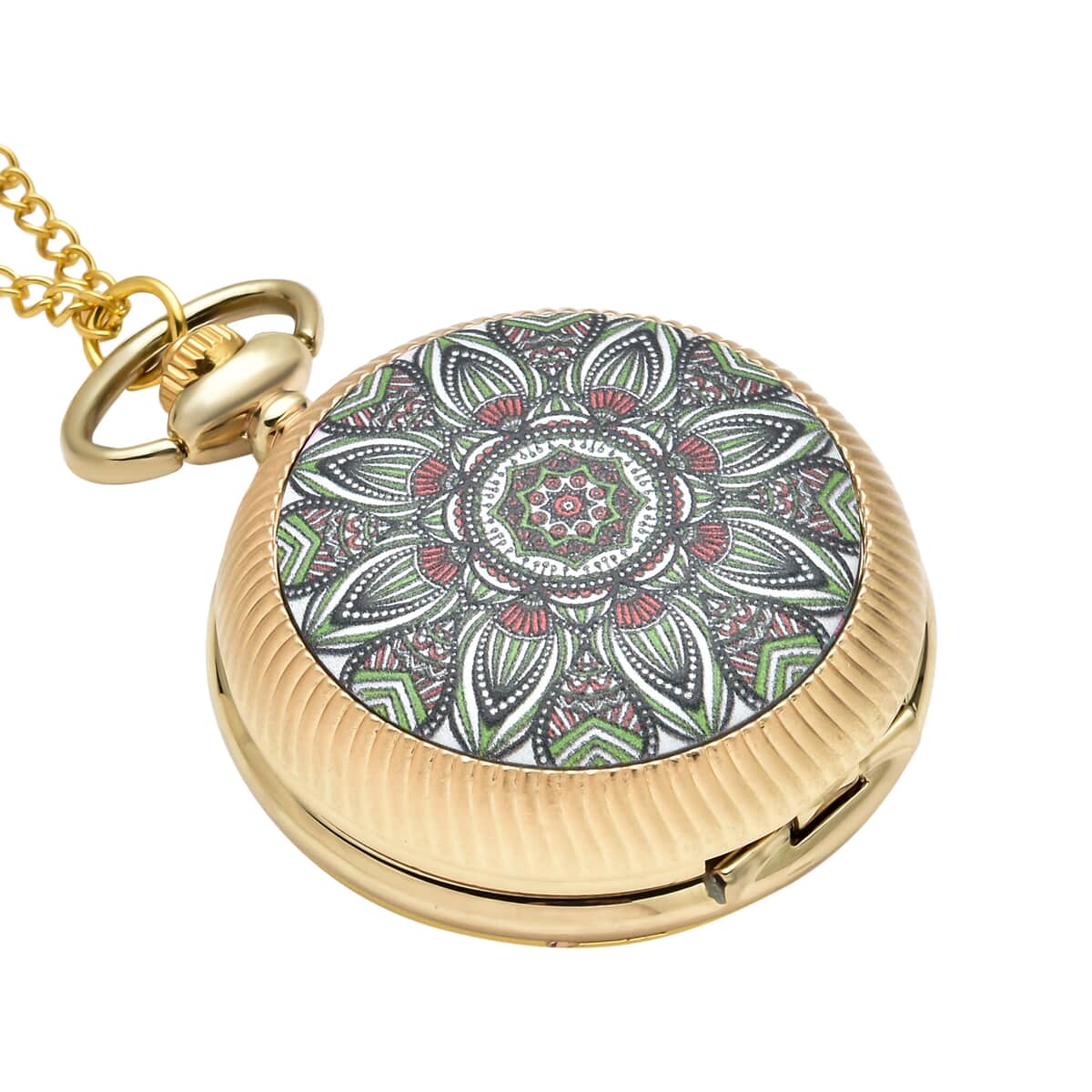Strada Japanese Movement Green Flower Pattern Rotating Pocket Watch with Gold tone Chain (31 Inches) image number 2