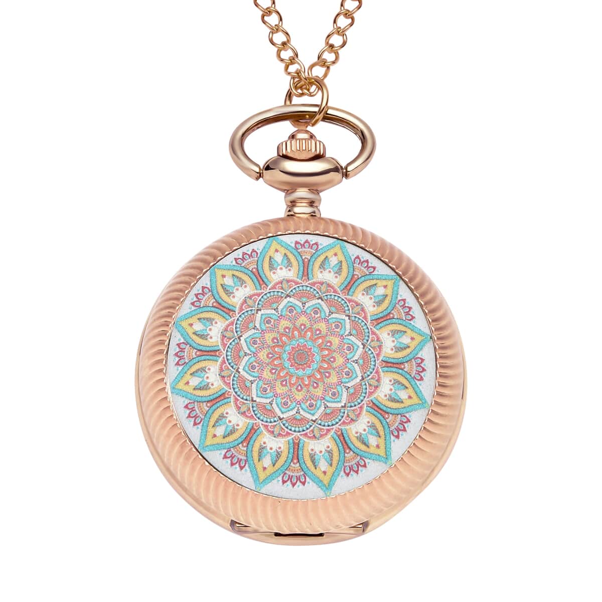 Strada Japanese Movement White Background Orange & Blue Flower Pattern Rotating Pocket Watch with Rosetone Chain (31 Inches) image number 0