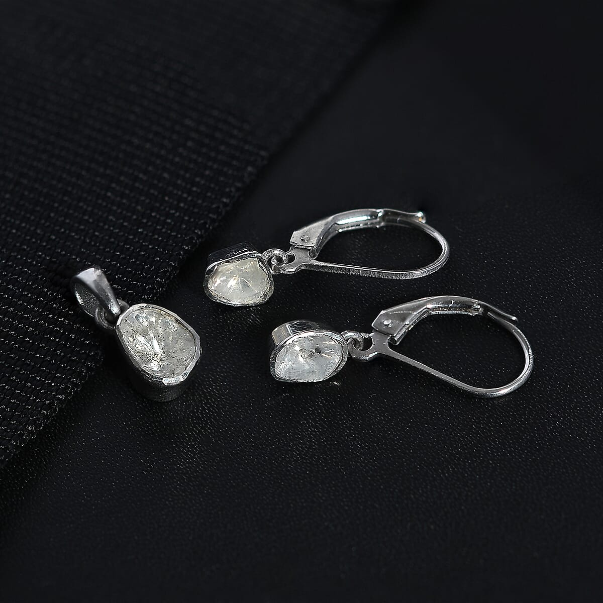 Polki Diamond Dangling Earrings and Solitaire Pendant without Chain in Platinum Over Sterling Silver 0.50 ctw image number 1