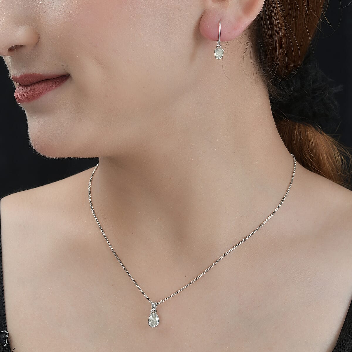Polki Diamond Dangling Earrings and Solitaire Pendant without Chain in Platinum Over Sterling Silver 0.50 ctw image number 2
