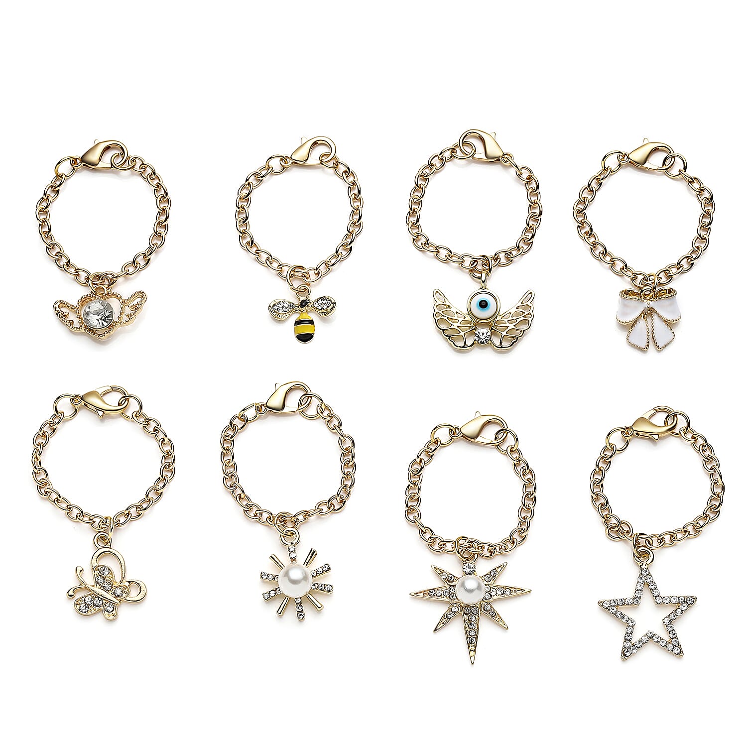 Set of 8 Resin, Simulated Pearl, Austrian Crystal and Enameled Charm with Chain (3.5)  Inches in Goldtone