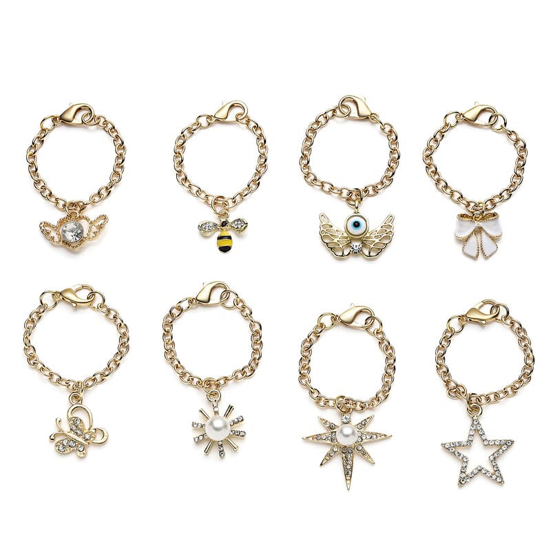 Set of 8 Resin, Simulated Pearl, Austrian Crystal and Enameled Charm with Chain (3.5)  Inches in Goldtone
