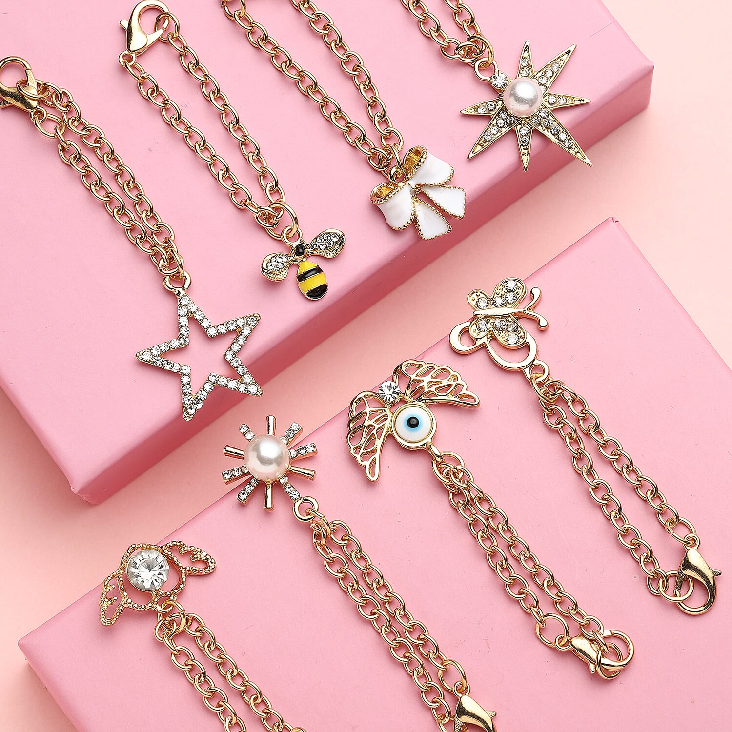 Set of 8 Resin, Simulated Pearl, Austrian Crystal and Enameled Charm with Chain (3.5)  Inches in Goldtone